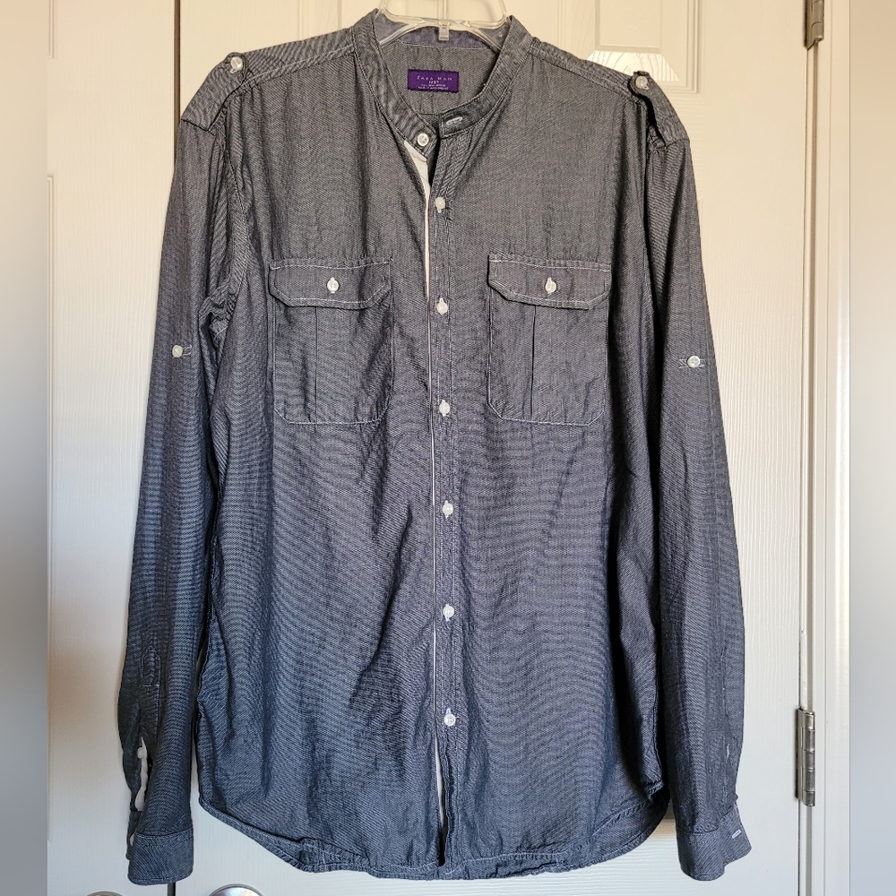Zara Man Textured Button Down Shirt - Blue, Sz L